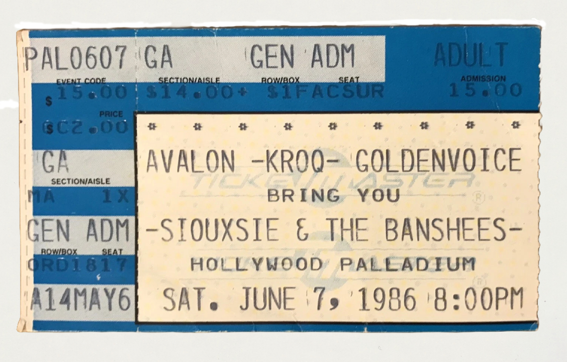 1986 Siouxsie and the Banshees Hollywood Palladium concert ticket stub - same era as Eva Ryan-Gallagher